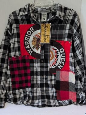 Womens Deadstock Spoon Jeans Black & White Plaid Patchwork Shirt Studded- Small